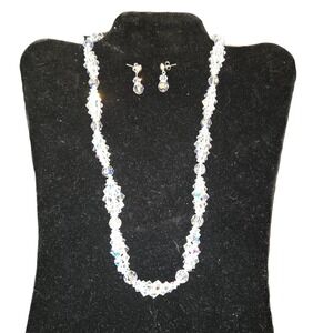 Swarovsky Handmade Clear Crystal Beaded 925 Silver Necklace 21" & Earrings Set